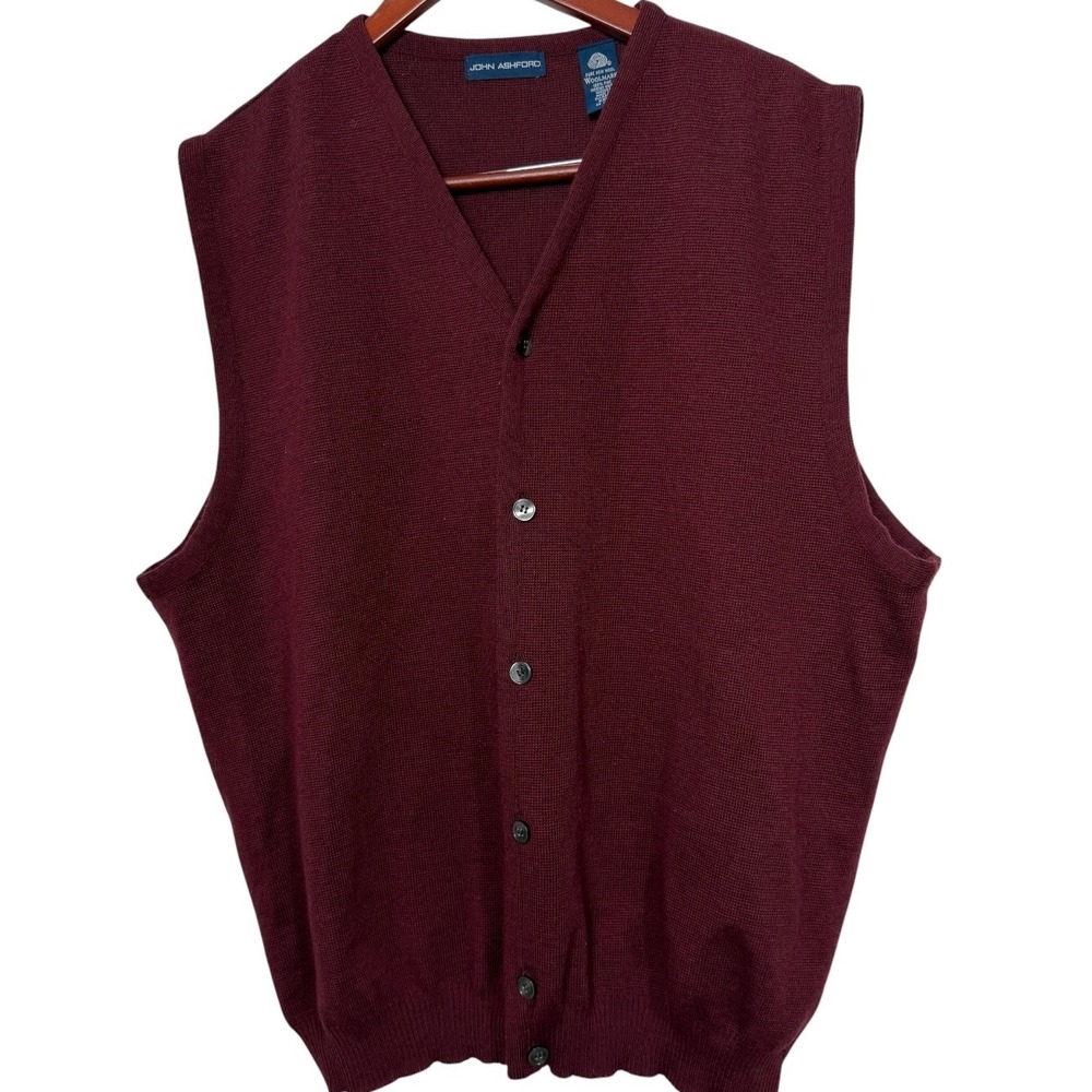 John Ashford Mens XXL Merino Wool Button Front Sweater Vest Burgundy V-Neck